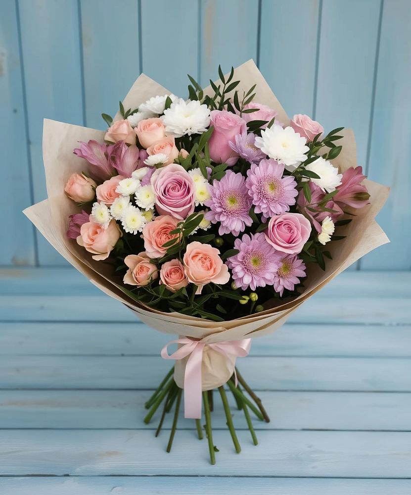 Букет цветов из: Хризантемы, Розы и Альстромерии в Прогресс