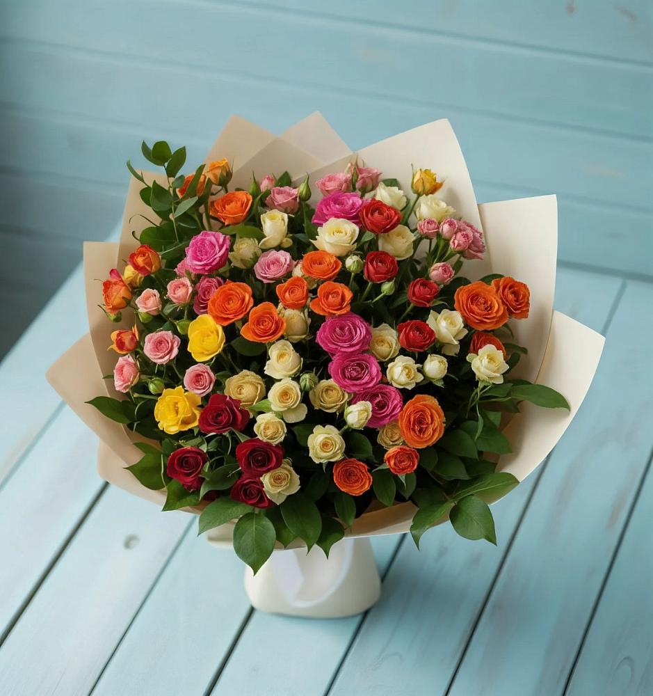 Букет Микс из разноцветных кустовых роз в Прогресс