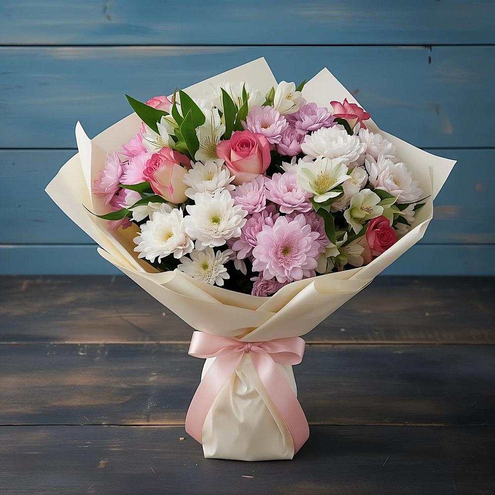 Букет цветов из: Хризантемы, Альстромерии и Розы в Прогресс